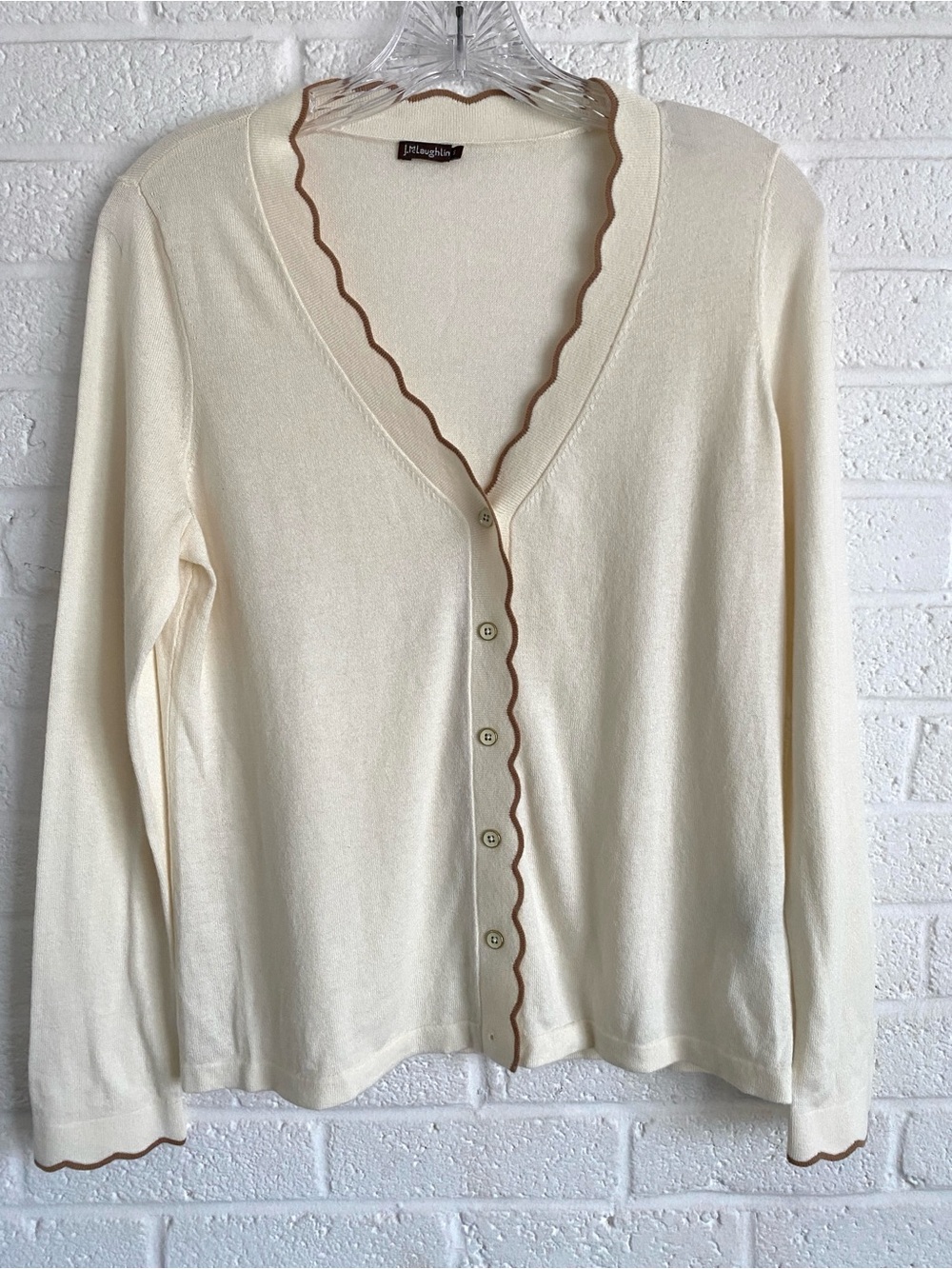 J. McLaughlin Cardigan Sweater Feminine Ivory Scalloped Cashmere Small Cream